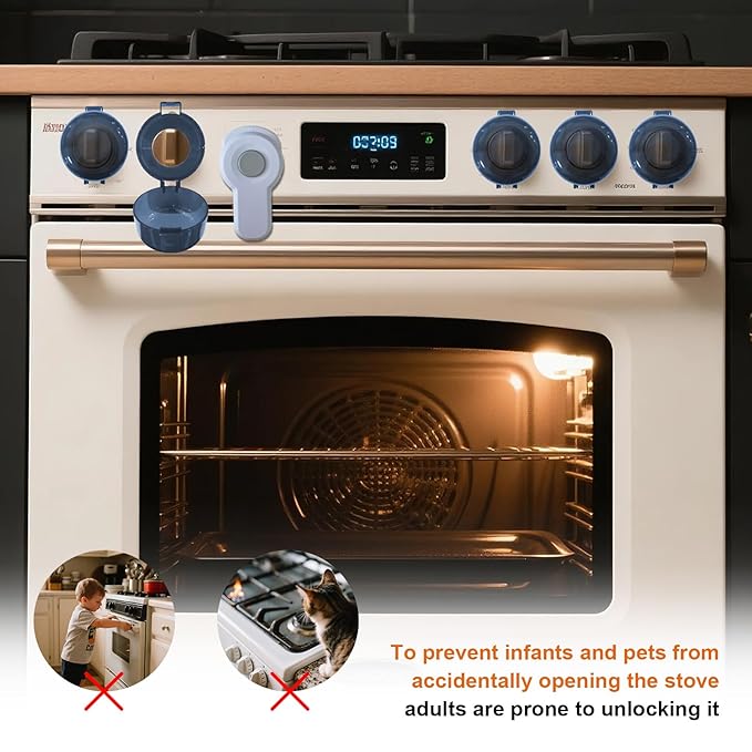 5+1 Packs Stove Knob Safety Covers, Childproof Oven Door Lock, Double-Key Design and Universal Size, Water Resistant Oil Resistant and High Temperature Resistant, for Home Kitchen Kids Pets Childproof-CubbioJoy