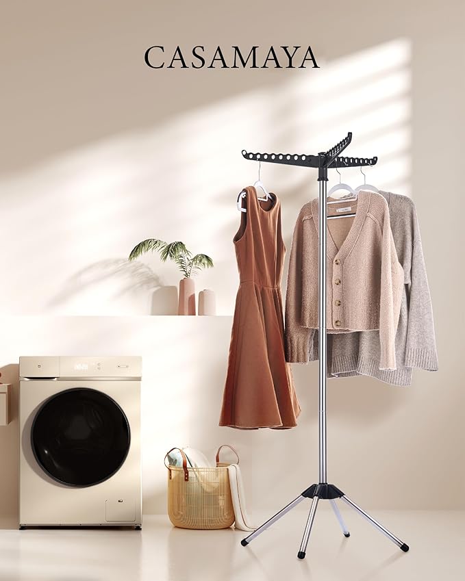 Clothes Drying Rack Foldable, 59 inch Tripod Laundry Drying Rack Indoor with Rotating Clothes Rail for 27 Pieces of Clothes, Space Saving, Stainless Steel, Black and Silver CDR001B01-CubbioJoy