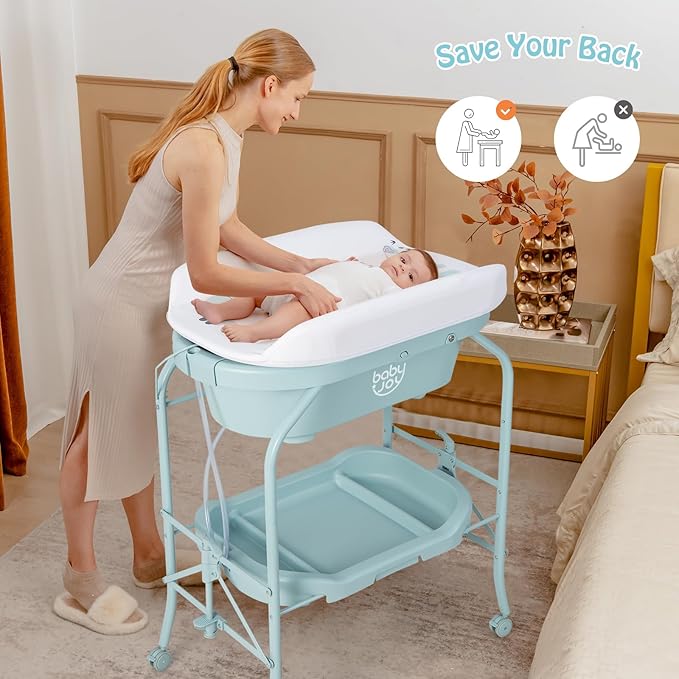 BABY JOY Baby Bathtub with Changing Table, Foldable Infant Diaper Changing Station with Storage Tray, Waterproof Pad, Portable Newborn Nursery Organizer Bath Stand with 4 Universal Wheels (Blue)-CubbioJoy