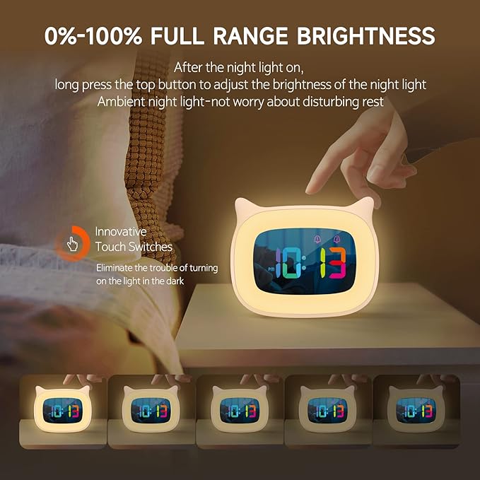 Cute Cat Ear Alarm Clock with RGB 7 Color Night Light & 18 Ringtones,Rechargeable Clock for Kids Bedroom,LED Colorful Digital Display,Bedside Clock for Boys,Girls Birthday Presents(Pink)-CubbioJoy