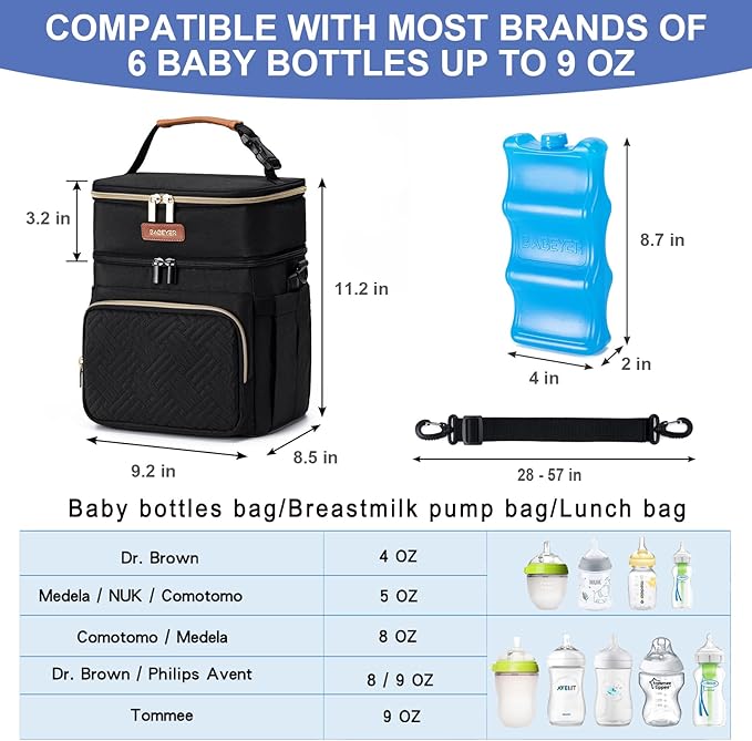 Insulated Breastmilk Cooler Bag with Ice Pack - Holds 6x9oz Bottles, Leakproof Double Layer, Baby Bottle Cooler Bag with Adjustable Strap for Nursing Moms, Daycare & Travel-CubbioJoy