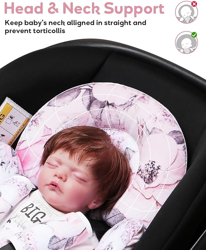 Infant Car Seat Insert, Enlarged Head Support for Baby Carseat, Reversible Newborn Insert with 3 Strap Covers, 2-in-1 Baby Car Seat Cushion for Stroller, Swing, Bouncer, Rocker - Pink Floral-CubbioJoy