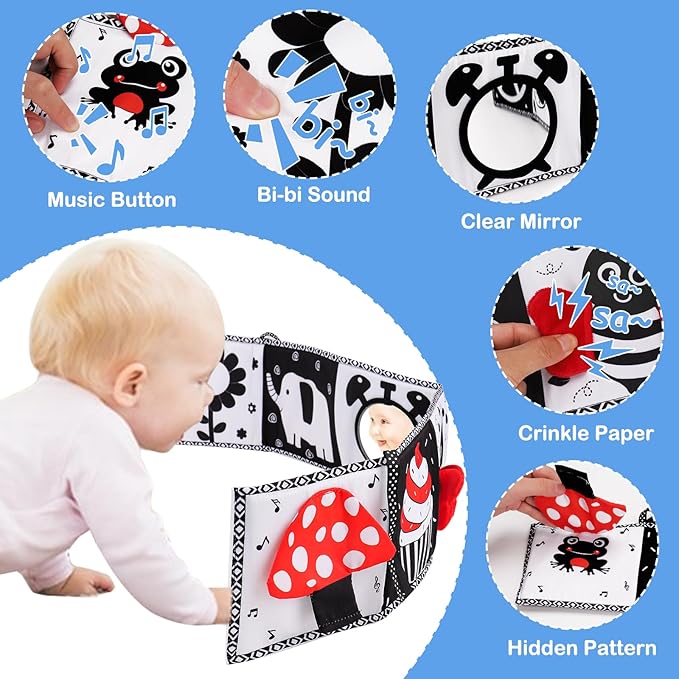 Black and White High Contrast Toys for Baby 0-3 3-6 Months Infant Tummy Time Soft Book Sensory Musical Toy 0-2-4-6 Month Babies Brain Development Montessori Crinkle Book Mirror Newborn Shower Gifts-CubbioJoy