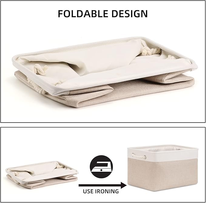 Bidtakay Large Fabric Baskets with Handles [3-Pack] Collapsible Storage Basket for Shelves 15 X 11 X 9.5 inches Canvas Bins for Closet Organization (White&Beige)-CubbioJoy