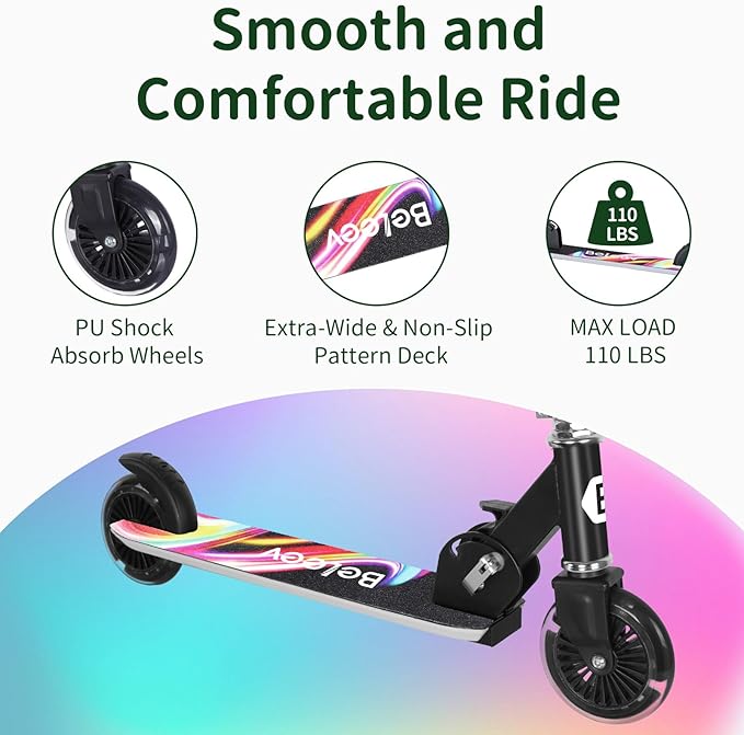 BELEEV V2 Scooters for Kids with Light-Up Wheels & Stem & Deck, 2 Wheel Folding Scooter for Girls Boys, 3 Adjustable Height, Non-Slip Pattern Deck, Lightweight Kick Scooter for Children Ages 3-12-CubbioJoy