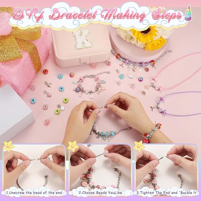 Charm Bracelet Making Kit with Jewelry Case with Charm Pendant Bracelet Kit Jewelry Making DIY Art & Craft Kit for Birthday Gifts Valentine Christmas-CubbioJoy