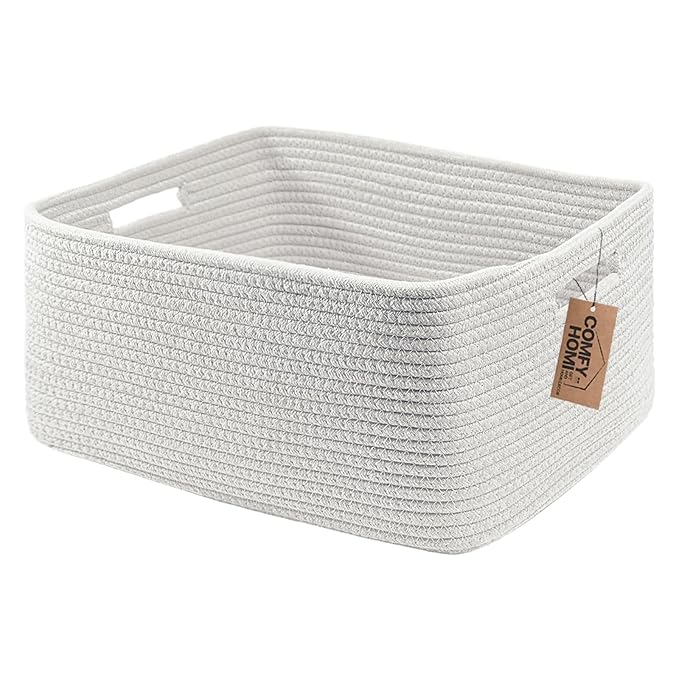 COMFY-HOMI Cotton Rope Woven Basket with Handles for Shelves,Toys,Book, Cloth Storage Baskets for Organizing-17" x 13" x 7.5" Toy Decorative Organizer for Living Room, Bathroom （All White）-CubbioJoy