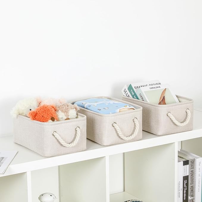 Bidtakay Small Storage Bins for Shelves 3 Pack Fabric Storage Baskets for Organizing 12x8x5 Inch Closet Storage Bins Linen Collapsible Organizer for Closet-Light Biege-CubbioJoy