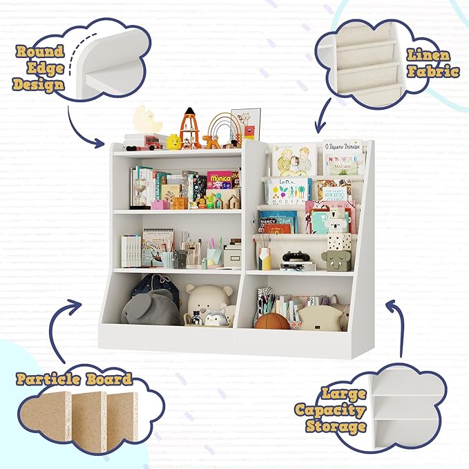 39" Large Kids Wooden Bookshelf and Toy Storage Organizer, Baby Bookcase with Sling Book Rack, Children Toddler Wooden Book Shelf for Kids Rooms, Playroom, Classroom, Nursery, School (White)-CubbioJoy