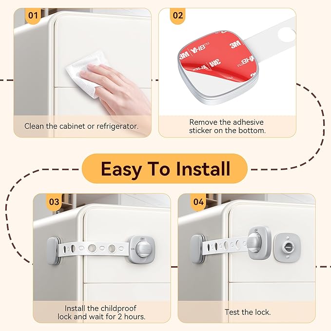 2 Pack Cabinet Locks/Refrigerator Locks Baby Proofing - Child Proof Locks for Drawer, Refrigerator, Fridge, Toilet Seat-No Screws or Tools Required (2 Pack-Grey Locks)-CubbioJoy