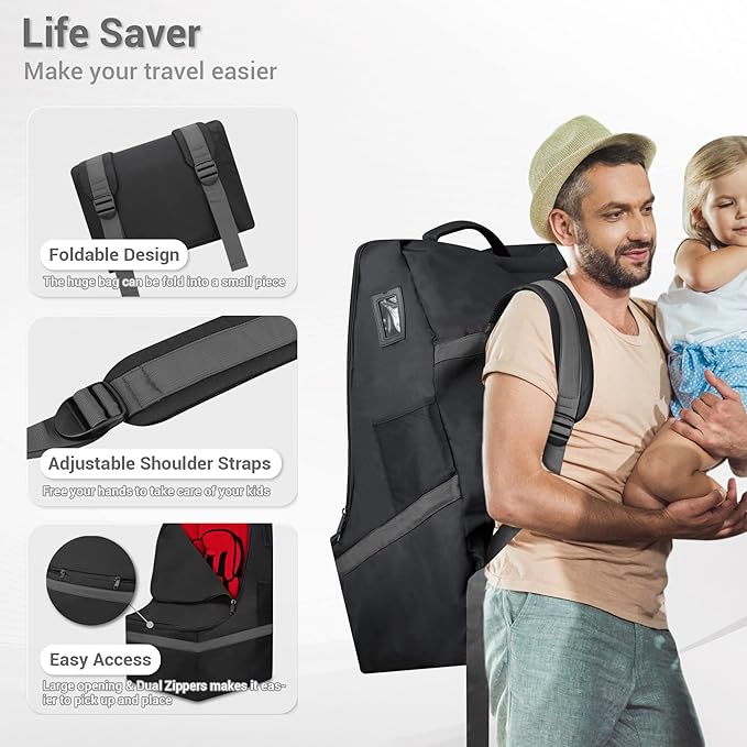 Car Seat Travel Bag - Padded, Comfortable, Durable, Roomy Gate Check Carseat Cover Backpack Fits 3-in-1，Convertible, Booster & Infant Car Seats for Airplane, Airport, Gray-CubbioJoy