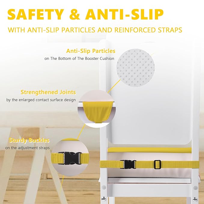 Booster Seat for Kitchen Chair with Adjustable Straps, Toddler Booster Seats for Dining Table Portable for Travel Camping Eating, Booster Cushion for Table for Baby Child Infant Kid Boy Girl-CubbioJoy