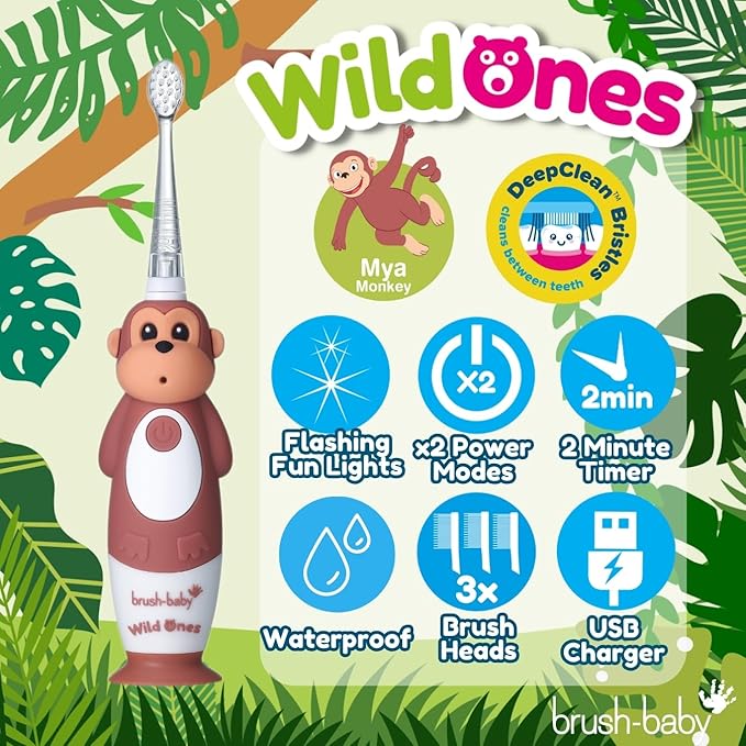 brush-baby WildOnes™ Rechargeable Kids Electric Toothbrush – Monkey | Flashing Lights, 2-Min Timer, Waterproof, 3 Brush Heads | Toddler & Child Toothbrush Ages 0-10 | Soft Bristles-CubbioJoy