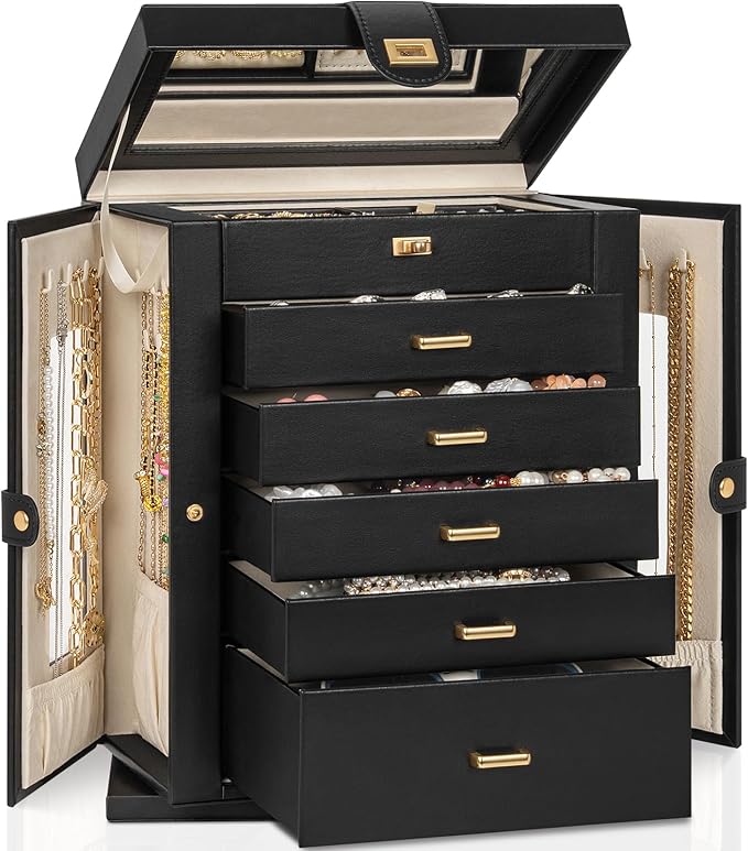 AKOZLIN Jewelry Box 6-Tier Organizer Functional 360° Rotating Jewelry Storage Case for Women Girls Ring Necklace Earring Bracelet Holder with Mirror-CubbioJoy