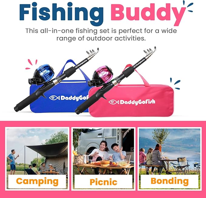DaddyGoFish Kids Fishing Pole - Rod Reel Combo Tackle Box Starter Set - First Year Small Dock Gear Kit for Boys Girls Toddler Youth Age Beginner Little Children Junior Anglers Older Kids-CubbioJoy