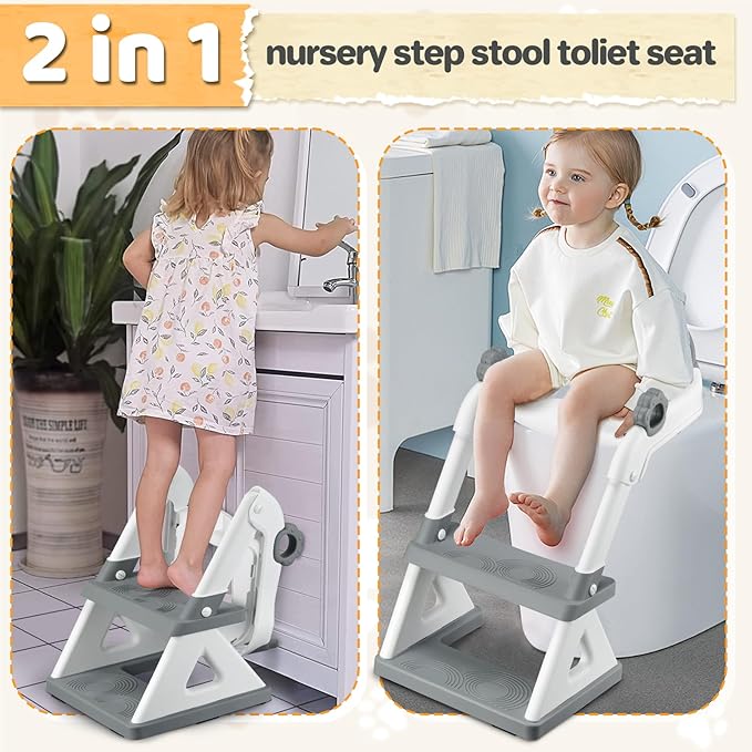 2 In 1 Potty Training Toilet Seat & Toddler Step Stool, Bottom Triangle Stability Toddler Toilet Seat, Adjustable Step & Seat Height Potty Seats (Grey)-CubbioJoy