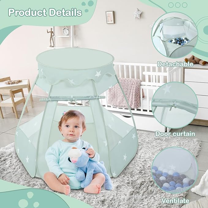 Baby Ball Pit for Toddler with 50 Balls, Kids Pop Up Play Tent for Girls, Princess Toys Gifts for Children Indoor & Outdoor Playhouse (Celadon: Gray/White/Babyblue, 109x90cm/50 Balls)-CubbioJoy