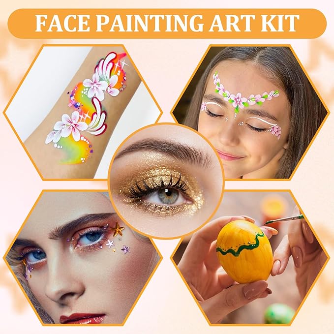42 Color Face Painting Kit for Kids-Non Toxic Water Activated Face Paint Palette with 16 Crayons,6 Reusable & 63 Sticky Stencils,Brushes,Gems.Ideal Choice for Carnival,Halloween,Parties,Makeup etc.-CubbioJoy