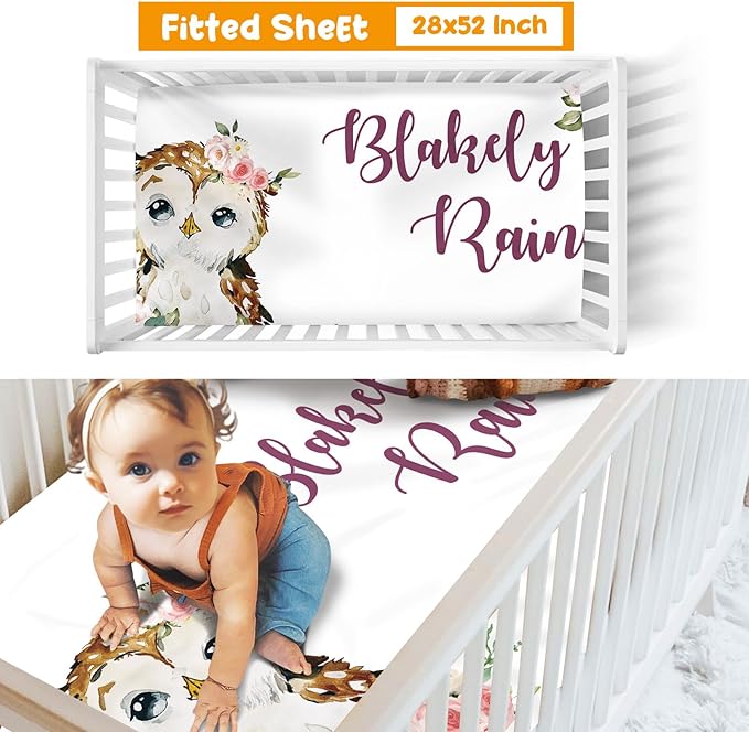 Custom Crib Bedding Set - Owl Design Personalized Name Baby Nursery Bed 3 Pcs Set - Chic Soft Blanket with Dotted Backing, Sheet, Pillowcase for Newborn Girls Boys Gifts Color22-CubbioJoy
