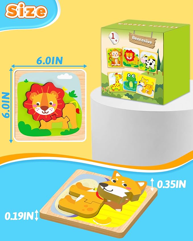 Benresive Wooden Toddler Puzzles, 6pcs Animal Montessori Toys for 1-3 Year Old Boys & Girls, Learning Educational Preschool Toys, Great Gifts for 1 2 3 Year Olds-CubbioJoy