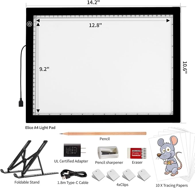 A4 LED Light Box for Tracing, elice Artist Drawing Lightbox Light Table Light Pad Light Copy Board, Up to 8000 Lux Super Bright Lightpad for Cricut Weeding Vinyl, Diamond Painting, Sketching (Black)-CubbioJoy