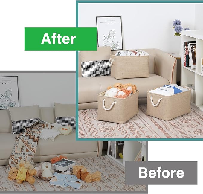 Bidtakay Large Storage Baskets for Shelves 3 Pack Fabric Storage Bins for Organizing Linen Collapsible Organizer for Closet-Flaxen-CubbioJoy