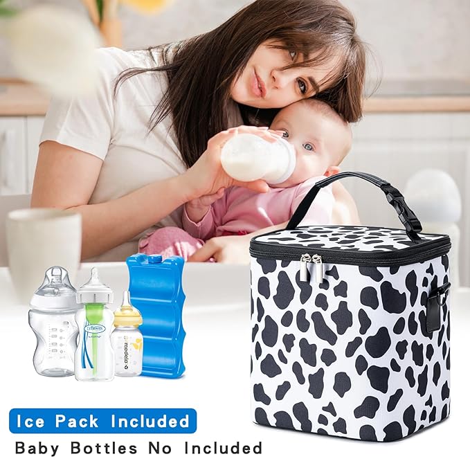 Breastmilk Cooler Bag with Ice Pack Fits 6 Baby Bottles Up to 9 Ounce, Baby Bottle Bag with Shoulder Strap for Nursing Mom Daycare, Cow-CubbioJoy