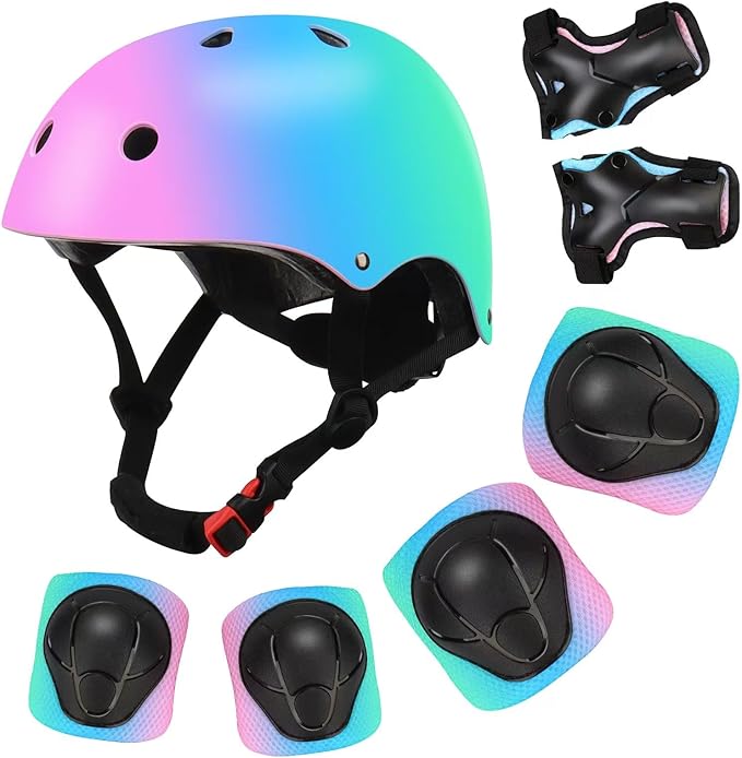 Color Gradient Adjustable Kids' Helmet with Knee & Elbow Pads Set | Multi-Sport Safety Gear for Boys & Girls Ages 5-14 | Skateboarding, Scooters, Roller & Inline Skating, Longboarding-CubbioJoy