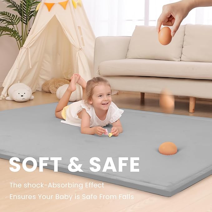 Baby Play Mat for Floor,1.3" Thick Memory foam Tummy Time Mat,79"×158“ Extra Large Soft Velvet Nursery Rug,Non Slip Safe for Crawling,Toddlers,Infants,kids,Tatami Style for Living Room(Light Grey)-CubbioJoy