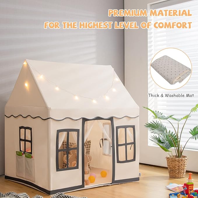 INFANS Kids Play Tent with Washable Mat Star Light Windows, Anti-Trip Large Playhouse Toys for Children Boys Girls, Indoor Outdoor Princess Tents Castle for Toddlers (Black)-CubbioJoy