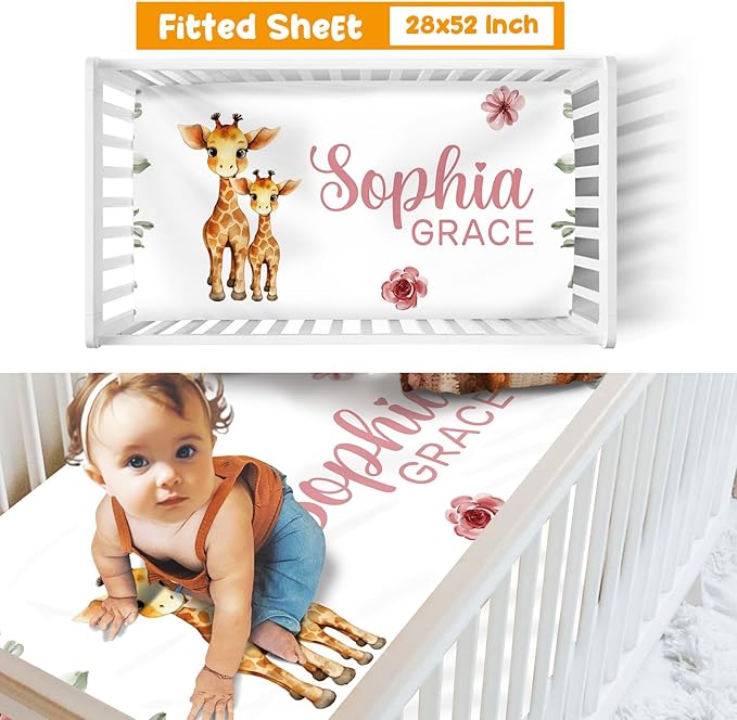 Custom Crib Bedding Set - Giraffe Design Personalized Name Baby Nursery Bed 3 Pcs Set - Chic Soft Blanket with Dotted Backing, Sheet, Pillowcase for Newborn Girls Boys Gifts Color20-CubbioJoy