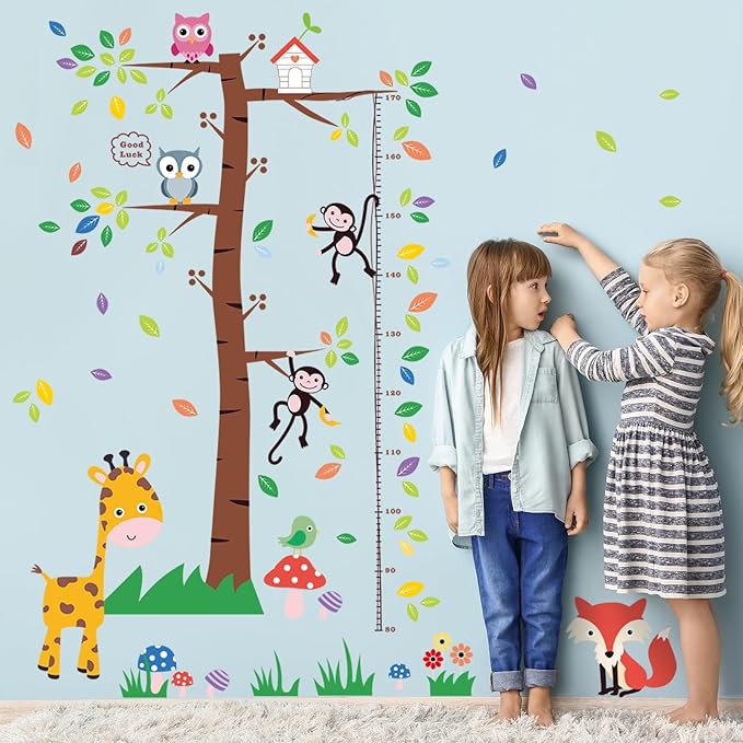 3D Cartoon Animal Height Growth Chart for Kids Wall Stickers Removable DIY Trees and Leaves Wall Stickers Vinyl Flowers Plants and Mushrooms Wall Art Decor for Nursery Kids Bedroom Living Room-CubbioJoy