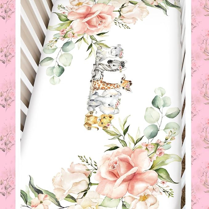 3 Pcs Baby Crib Bedding Set Safari Animals Dinosaurs Bear Woodland Animals Jungle Crib Set Includes Quilt, Fitted Sheet, Skirt for Baby Boy Girl(Pink,Safari)-CubbioJoy