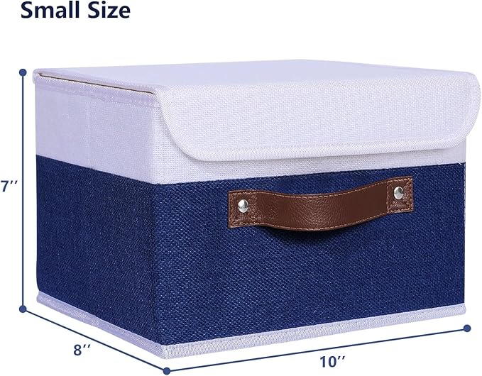 ANMINY 4PCS Storage Boxes with Lid Washable Decorative Storage Bin Basket with PU Leather Handle Foldable Linen Fabric Storage Cube Container for Home Closet Organizer - Deep Blue White, Small Size-CubbioJoy