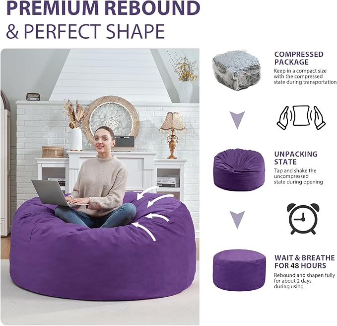 4FT Bean Bag Chair, Large Bean Bag Chairs with Memory Foam Filled, Fluffy Beanbag Sofa with Dutch Velvet Cover, Round BeanBag Chairs for Living Room, Playroom - Purple-CubbioJoy