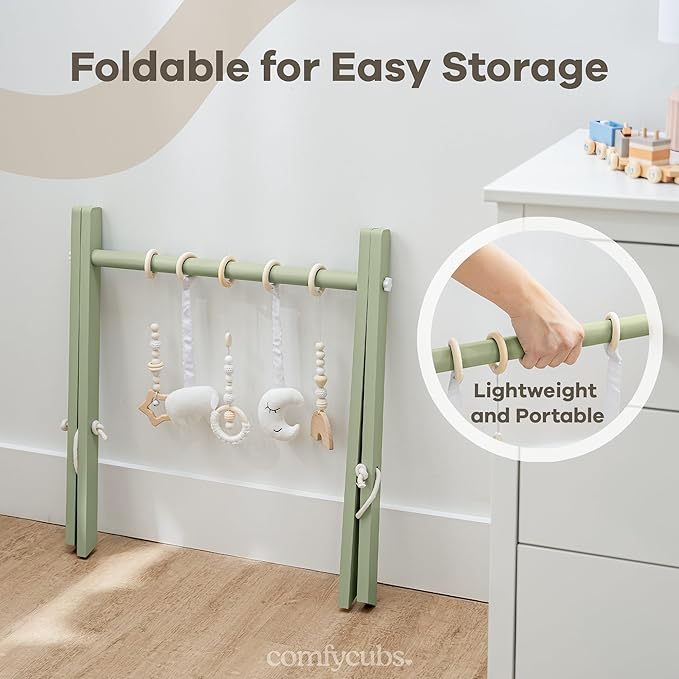 Comfy Cubs Wooden Baby Play Gym - Natural Finish Pinewood Baby Activity Gym with 5 Sensory Hanging Toys - Easy No-Tool Assembly, Safe and Durable for Infant Motor and Visual Development - Sage-CubbioJoy