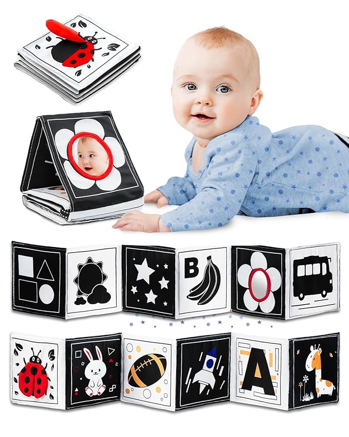 Infinno High Contrast Baby Toys for Newborn, Tummy Time Mirror Black and White Toys for 0-6 Months, Visual Sensory for Infant 0-3-6 Months, Newborn Baby Registry Essential Stuffers-CubbioJoy