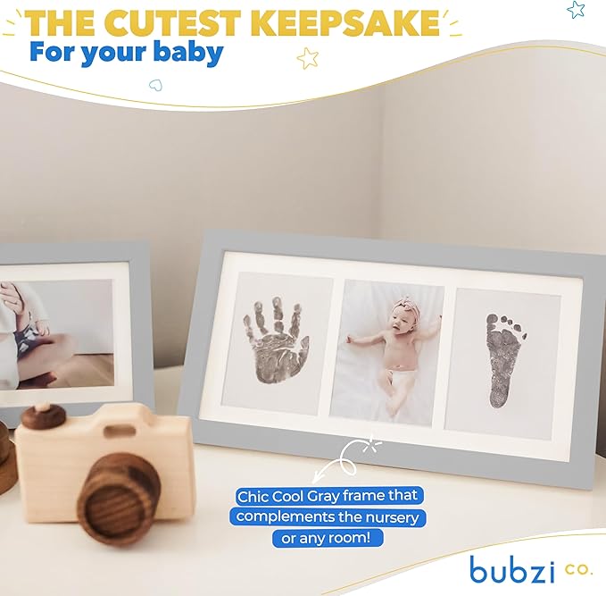 Bubzi Co Baby Handprint Kit & Footprint Photo Frame for Newborn Girls and Boys, Unique Baby Shower Gifts Set for Registry, Memorable Keepsake Decorations for Room Wall or Nursery Decor (Cool Gray)-CubbioJoy