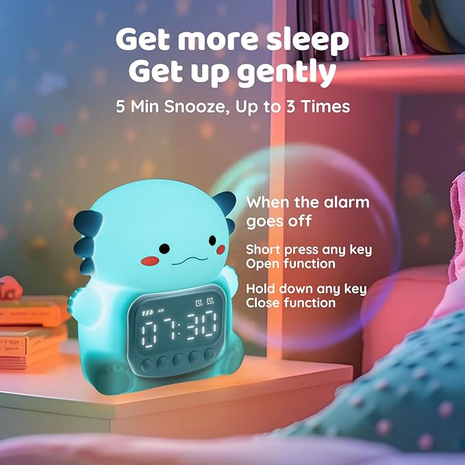 Axolotl Alarm Clock with Night Light for Kids, Rechargeable Silicone Lamp Time to Wake Clock Cute Animal Tabletop Lamp, Perfect Sleep Companion for Boys Girls, Blue-CubbioJoy