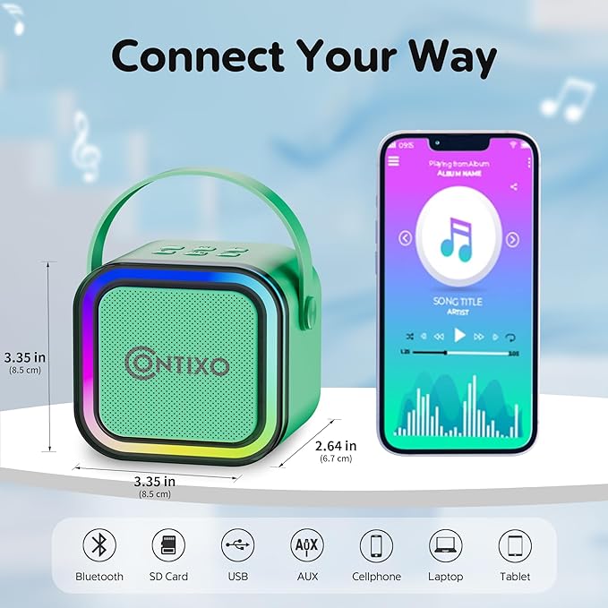 Contixo KS1A Kids Mini Karaoke Machine with LED Lights, 7–10H Playback, Dual Wireless Mics, Magic Voice Effects, Bluetooth Speaker for Children, Portable Singing Toy Gift for Boys & Girls, Green-CubbioJoy