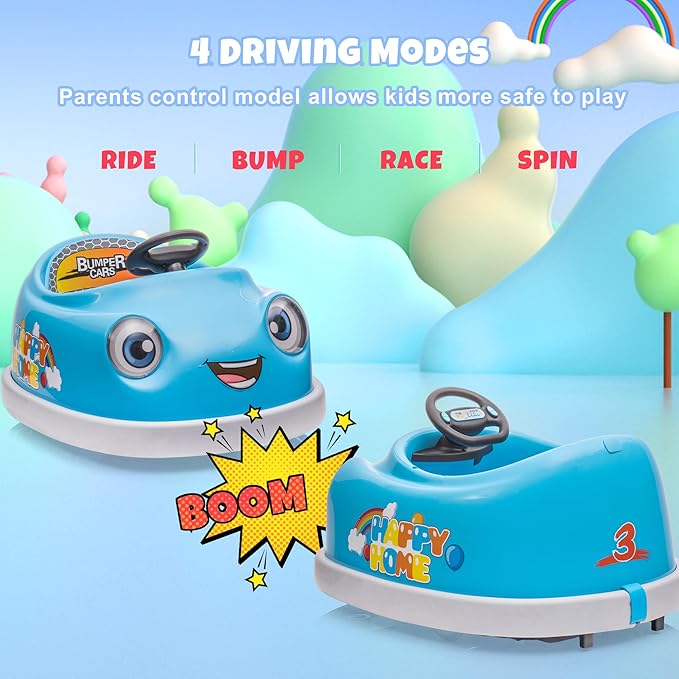 12V Dual Battery Electric Ride on Kids Bumper Car w/Remote Control,360 Degree Spin,Push Rod Rocker Horse Function,3-Speeds Babies & Toddlers Bumping Car Ride on Toy Gift for 1-4 Years Children (Blue)-CubbioJoy