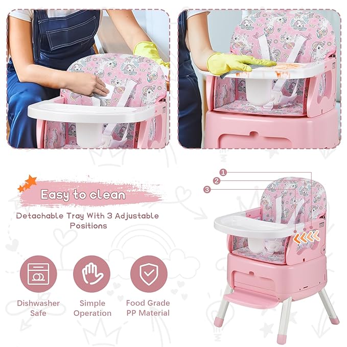 4 in 1 Portable Baby High Chair,Convertible Highchair for Babies & Toddlers-Foldable Infant Booster Seat,Carry Small Box,Dining Chair,Toddler High Chair with 5-Point Harness,Removable Tray-Pink-CubbioJoy