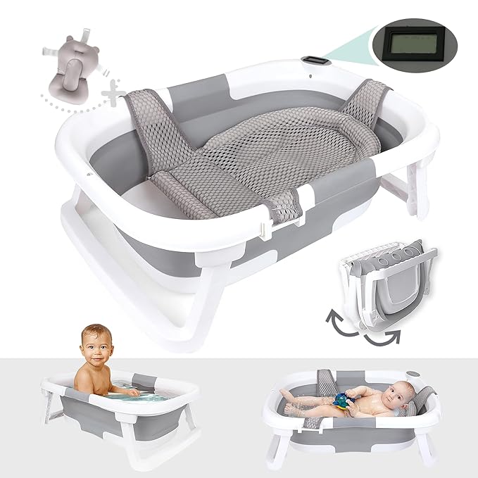 BEBELEH™ Collapsible Baby Bathtub with Thermometer – Bathtub + Baby tub Sling + Newborn Sling – Baby Bathtub Newborn to Toddler 0-24 Months – The Ultimate Baby Bath Tub! (with Thermometer,Gray)-CubbioJoy