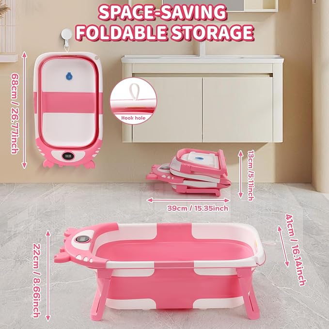 Baby Bathtub,Collapsible Baby Bath Tub with Thermometer & Soft Floating Cushion,Portable Travel Baby Bathtubs for Newborns to Toddlers 0-36 Months(Crab Pink)-CubbioJoy