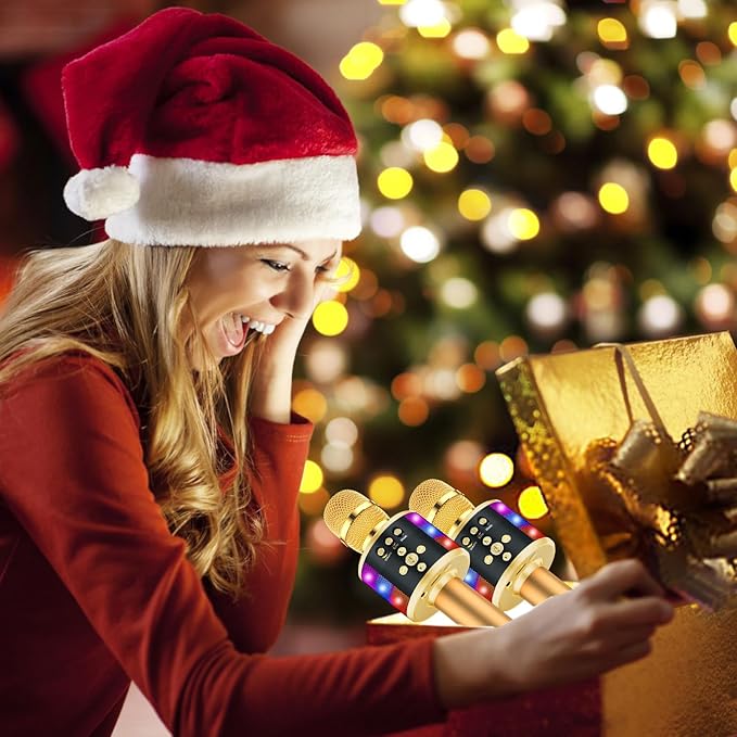 BONAOK Karaoke Microphone for Kids & Adults - Bluetooth Microphones Singing Mic with Disco Lights, Echo Effect, Built-in Speaker Portable Karaoke Player for Party Travel Gifts Q78(Gold)-CubbioJoy