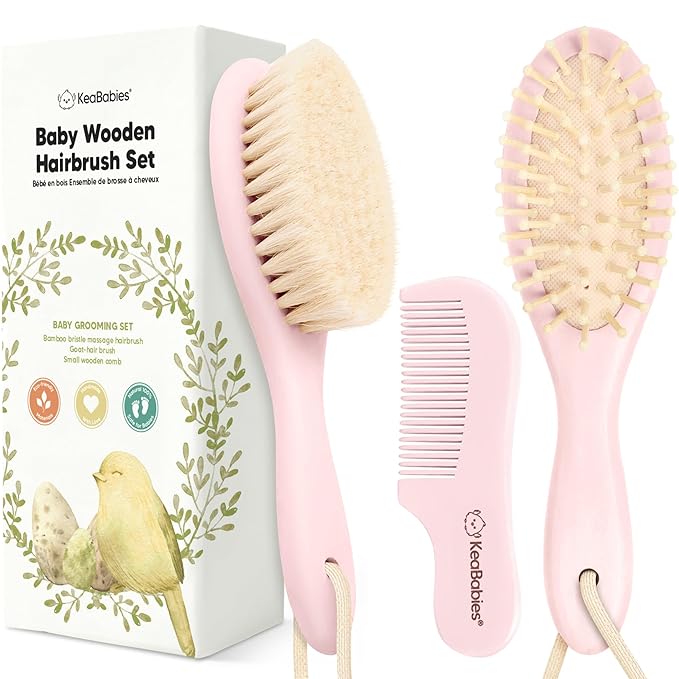 Baby Hair Brush and Comb Set for Newborn - Wooden Baby Hair Brush Set with Soft Goat Bristle, Baby Brush Set for Newborns, Baby Brush and Comb Set Girl, Boy, Toddler Cradle Cap Brush (Oval, Blush)-CubbioJoy