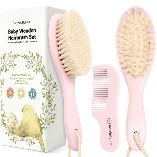 Baby Hair Brush and Comb Set for Newborn - Wooden Baby Hair Brush Set with Soft Goat Bristle, Baby Brush Set for Newborns, Baby Brush and Comb Set Girl, Boy, Toddler Cradle Cap Brush (Oval, Blush)-CubbioJoy