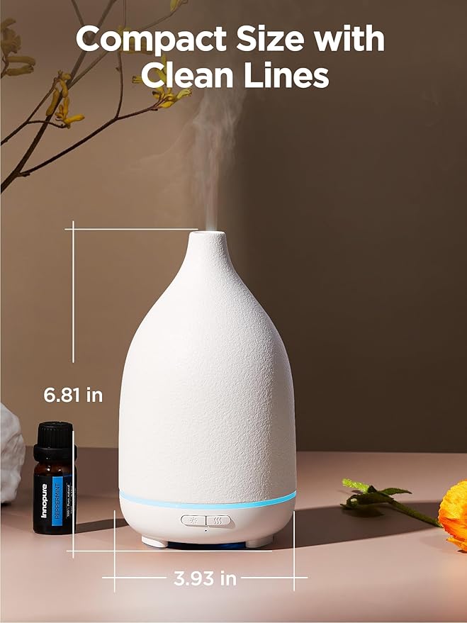 InnoGear Oil Diffuser, 150ML Ceramic Diffuser for Essential Oils Handcrafted Aromatherapy Diffuser Ultrasonic Cool Mist Humidifier with 2 Mist Modes Waterless Auto Off for Room Office, White Base-CubbioJoy