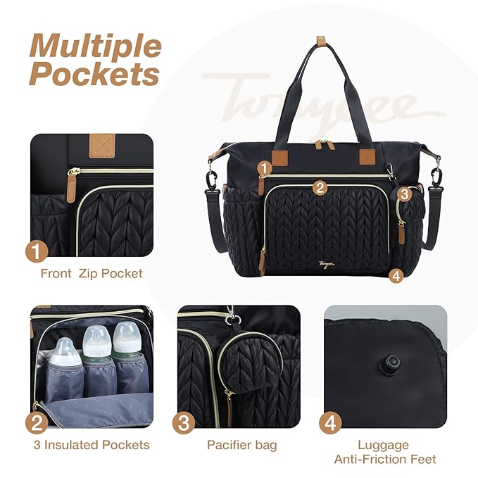 Diaper Bag Tote, Large Diaper Bags Waterproof, Hospital Bag for Labor Delivery, Baby Bag with Pacifier Case, Travel Diaper Tote with Changing Pad, Black-CubbioJoy