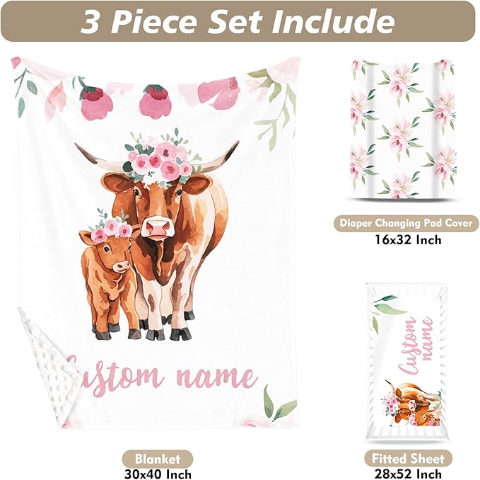 Custom Name Crib Bedding Set - Highland Cow Theme, Personalized Pink Flower Nursery Bedding 3-Piece Set– Soft Blanket, Fitted Sheet, Changing Pad Cover – for Newborns Girls Nursery Gifts-CubbioJoy